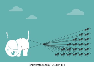 Elephant and ant rope pulling together. Concept of unity