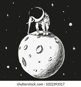 The elephant in the astronaut stands on the moon in the background of the starry sky. Vector drawing.