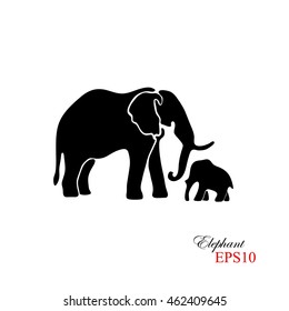 Elephant And Baby Elephant. The Black Silhouette Of An Elephant On A White Background