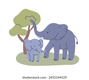 Elephant and baby calf standing on grass with tree. Flat cartoon style vector illustration isolated on white background