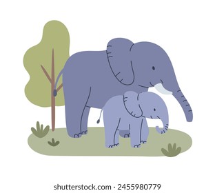 Elephant and baby calf standing on grass with tree. Flat cartoon style vector illustration isolated on white background