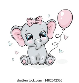 Elephant, baby cute print. Sweet tiny girl with bow, ballon, confetti. Cool african animal illustration for nursery t-shirt, kids apparel, birthday card, invitation Good for pajamas and playroom decor