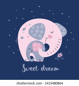 Elephant with a baby elephant in a cute style. Sweet dream. Inscription. Vector.