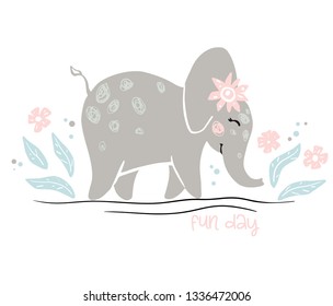 Elephant baby girl cute print. Sweet zoo. Fun day text slogan. Cool african animal illustration for nursery t-shirt, kids apparel, party and baby shower invitation. Simple child design. Summer time