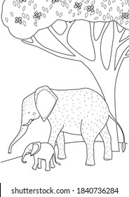 Elephant with a baby elephant in the jungle. Coloring page for coloring book. Cartoon vector illustration.