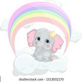 Elephant baby on clouds cartoon vector illustration for kid birthday greeting card or T-shirt print design template. Flat cute little elephant traveling on air balloon with rainbow