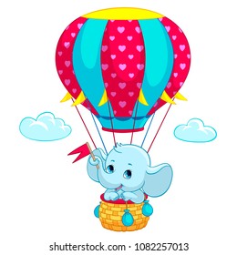 Elephant baby on hot air balloon cartoon vector illustration for kid birthday greeting card or T-shirt print design template. Flat cute little elephant traveling on air balloon with heart flags