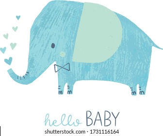 Tarjeta de ducha de bebé para elefantes. Carácter animal de chico lindo. Elefante con corbata de arco. Ilustración vectorial para tarjetas de felicitación de invitaciones, ropa. Hola Bebé.