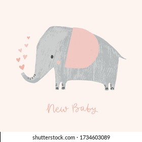 Elephant baby shower card. Cute girl animal character. Elephant with hearts. Vector illustration for birth announcement, invitations greeting cards, apparel. New Baby.