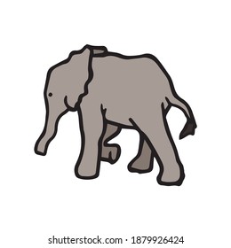 Elephant from back walking, colored illustration image. Baby elephant exploring safari and nature, hand drawn logo. Large sweet mammal, cartoon silhouette decoration. Wild animal flat drawing in color