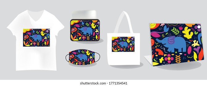 Elephant background with Mockup templates vector illustration. tote bag, pouch, t-shirt, mask, skin laptop