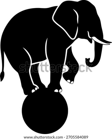 Elephant balancing on a ball, black silhouette, white background.