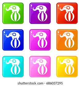 Elephant balancing on a ball icons of 9 color set isolated vector illustration