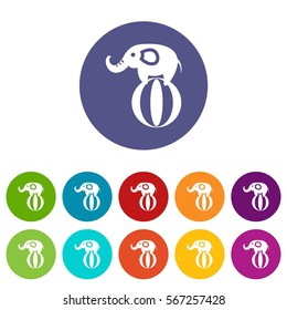 Elephant balancing on a ball set icons in different colors isolated on white background