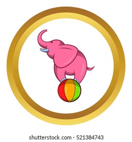 Elephant balancing on a ball vector icon in golden circle, cartoon style isolated on white background