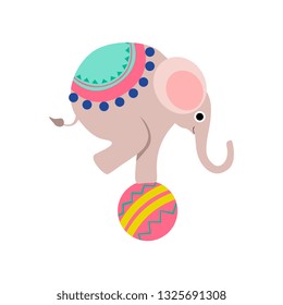 Elephant Balancing on Colorful Ball, Cute Funny Animal Performing in Circus Show Vector Illustration