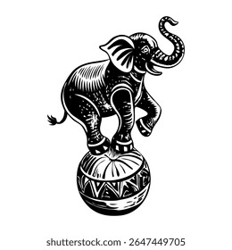 Elephant balancing on a giant ball, vintage illustration