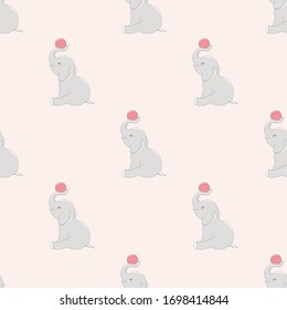 Elephant with ball cute seamless pattern.Cartoon elephant background for kids. Vector illustration.