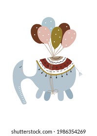 Elephant with balloon. Children's print on fabric, t-shirt, poster, postcard, baby shower. Vector illustration