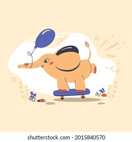 An elephant with a balloon is riding a skateboard. Festive mood. Drawing for postcards, posters, stickers and others.