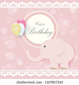 Elephant and balloons with Round retro frame Greeting card, Happy Birthday card. Shower card paper art style illustration pink background