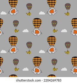Elephant and banana cartoon so cute on hot air balloon.on cloud gray background.pattern seamless vector and illustration.