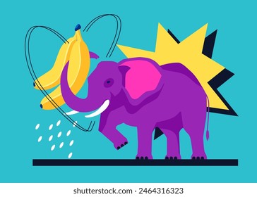 Elephant and bananas - modern colored vector illustration with large herbivore from Asia and Africa that feeds on ripe yellow fruits. Summer travelling and vacation in distant countries idea