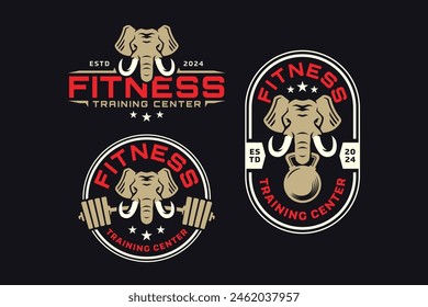 elephant with barbell and kettlebell logo design for fitness, gym, bodybuilding, weightlifting club