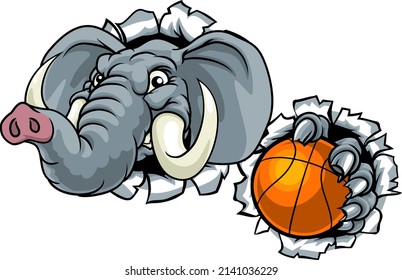 An elephant basketball sports animal mascot holding a ball and breaking through the background