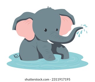 An elephant bathes in a puddle. Baby elephant drinking water. Cartoon character, comic book. Mammalian wild animal. Vector. White background. Funny elephant drawing for print and web design.