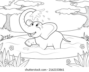 Elephant Bathes In The River. African Savanna. Wild Animal, Zoo. Page Outline Of Cartoon. Vector Illustration, Coloring Book For Kids.