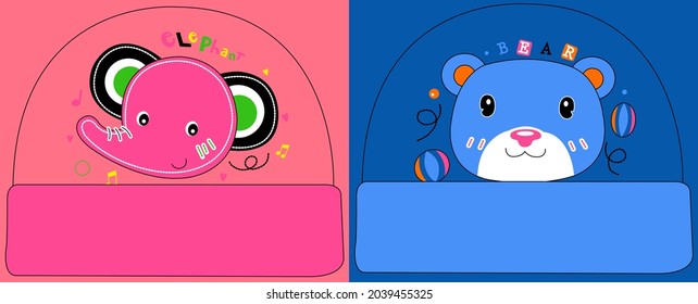 elephant bear baby hat cartoon cute illustration vector silkscreen animal