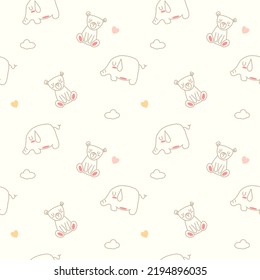 Elephant Bear Cartoon So Cute Line Drawing. Cloud Heart Background. Seamless Pattern Vector And Illustration.