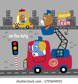 elephant and bear the fire fighter funny animal cartoon,vector illustration