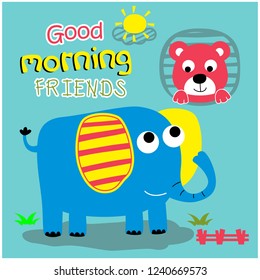 elephant and bear funny animal cartoon,vector illustration