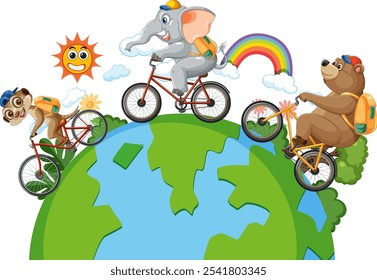 Elephant, bear, and monkey biking on Earth
