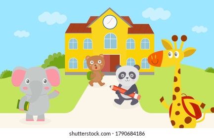 Elephant, bear, panda and giraffes are walking into school. Giraffe and bear carrying a bag green and red. An elephant carrying a book. Panda holding a pencil. Set cute animal.Vector illustration.