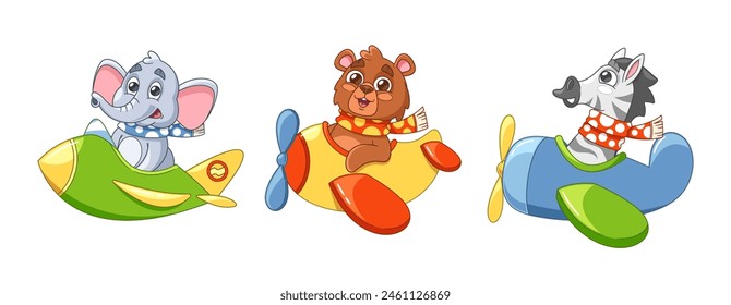 Elephant, Bear, And Zebra Piloting Bright Colorful Airplanes. Funny Animals Are Adorned With Cheerful Scarf Accessories
