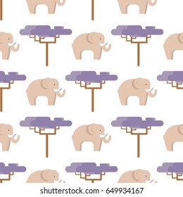 Elephant in beige color and baobab tree seamless pattern isolated on white. Side view of big animal living in hot countries vector illustration in flat design