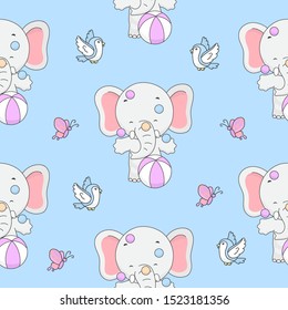 Elephant, Bird, Butterfly Seamless Pattern. Vector Illustration, ready for print.