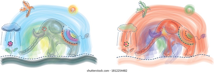 elephant with bird and flower. brush stroke illustration. vector art