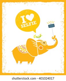 Elephant And Bird Making Photo Using Selfie Stick And Smart Phone. Cute Playful Animal Illustration.