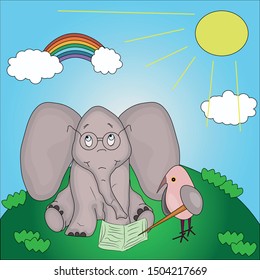 elephant and bird read a book - vector illustration, eps