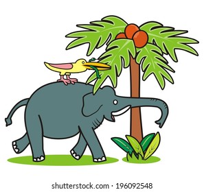 Elephant, bird, serpent and palm tree, funny vector illustration