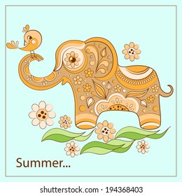 elephant and birdie on a card. Vector illustration