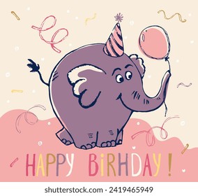 Elephant birthday card cool design. Greeting post card template. Safari animal date of birth. Happy birthday slogan. Funny cute animal illustration. Kids typography poster. Adorable holiday pattern