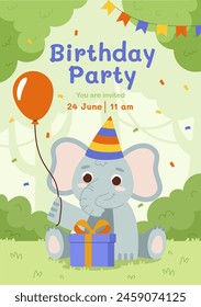 Elephant birthday party card. African animal sitting with present box and red air balloon. Holiday and festival celebration. Template for greeting postcard. Cartoon flat vector illustration