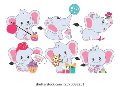 Elephant birthday party character clipart drawing set. Cute baby elephant character clip art collection standing, sitting, singing and holding birthday elements like balloon, gift box, flowers.