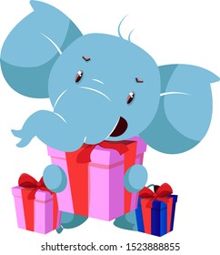Elephant with birthday present, illustration, vector on white background.