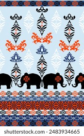 Elephant black and blue classic damask pattern: vector illustration for elegant textile design, carpet, curtains, and clothing.